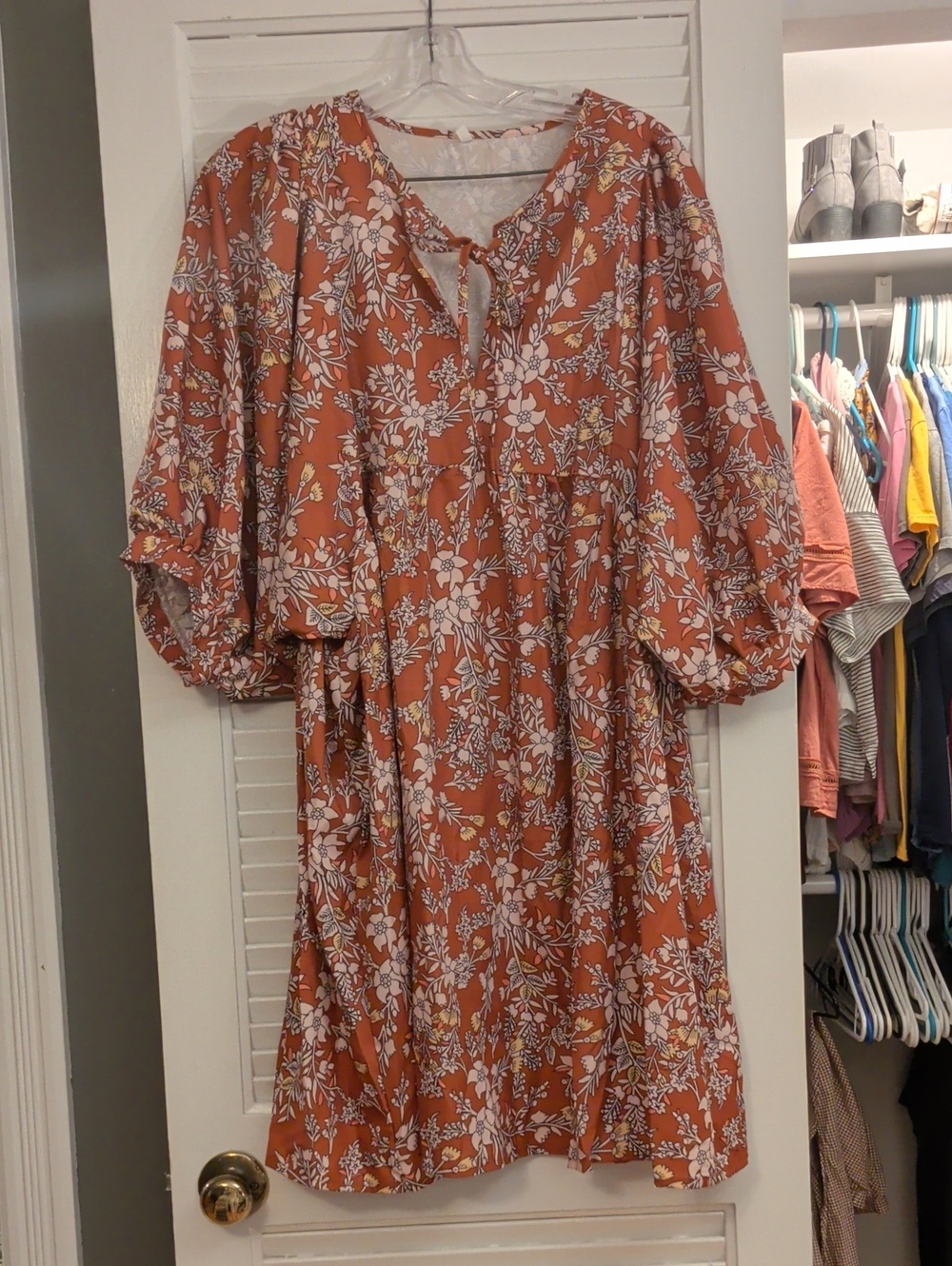 Rust Floral Tie-Neck Midi Dress
